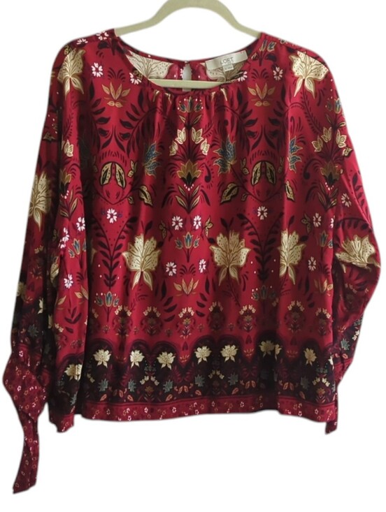 LOFT Tops - Loft Red w Cream Brown Black Floral Long Sleeve Tie Cuffs Pullover Top Size XL
